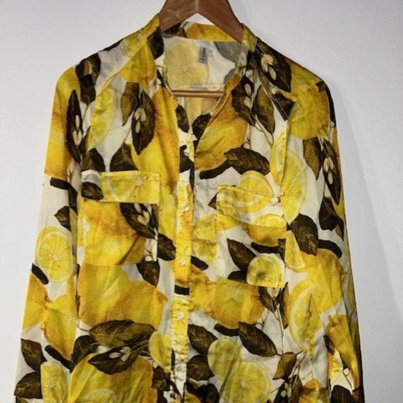 RVCA Shirt Womens S Small Yellow Lemons Polyester Lightweight Long Sleeve Shirt - Picture 2 of 5